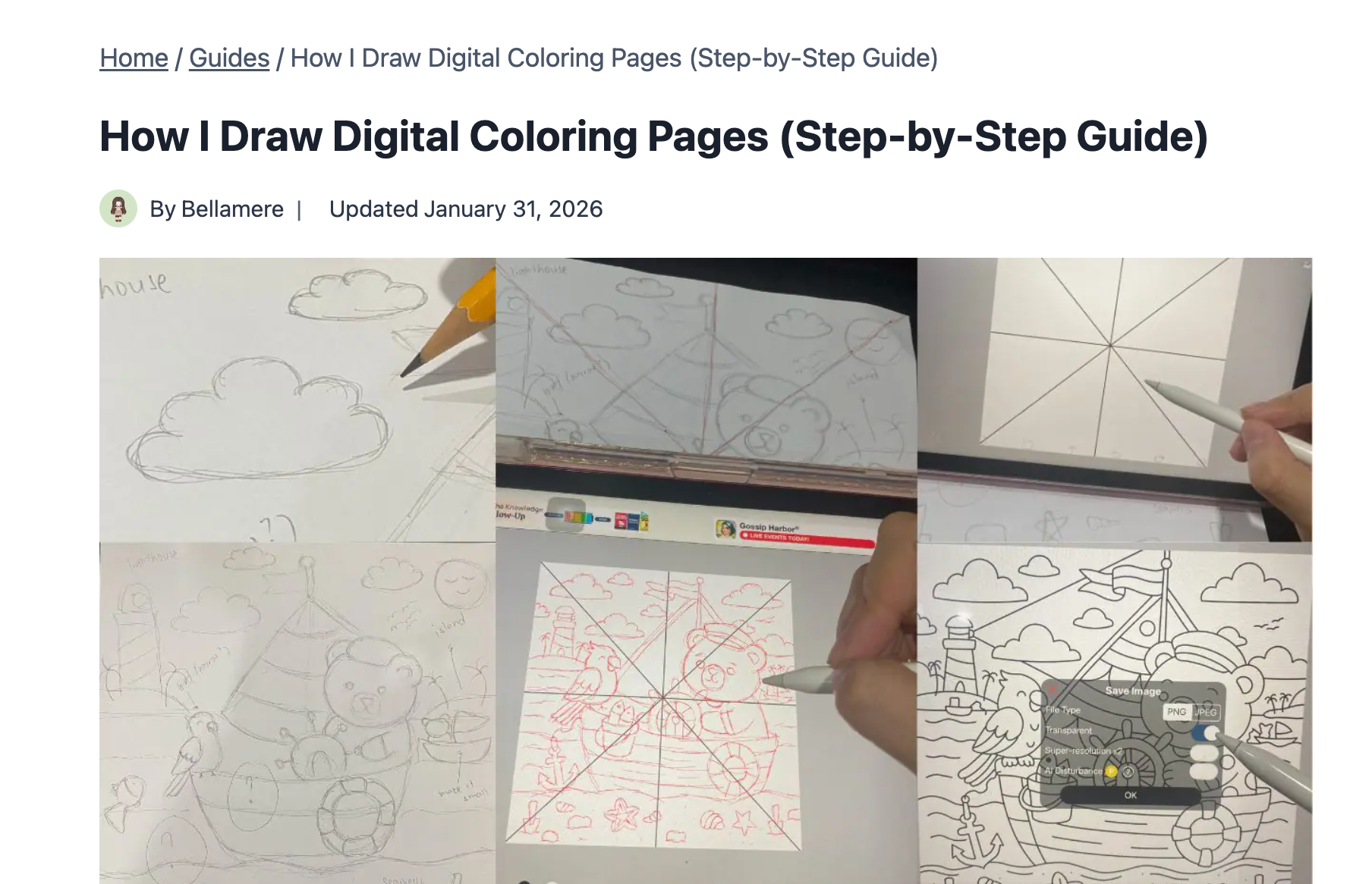 Sketching and refining a digital coloring page step by step